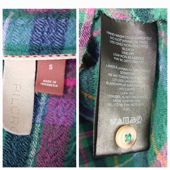 Anthropologie Pilcro SZ S Cropped Puff-Sleeve Soft Crinkle Plaid Blouse - Picture 5 of 5